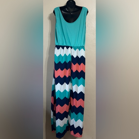 Chevron Pattern Maxi Dress - Teal, Coral, Navy - Picture 3 of 11